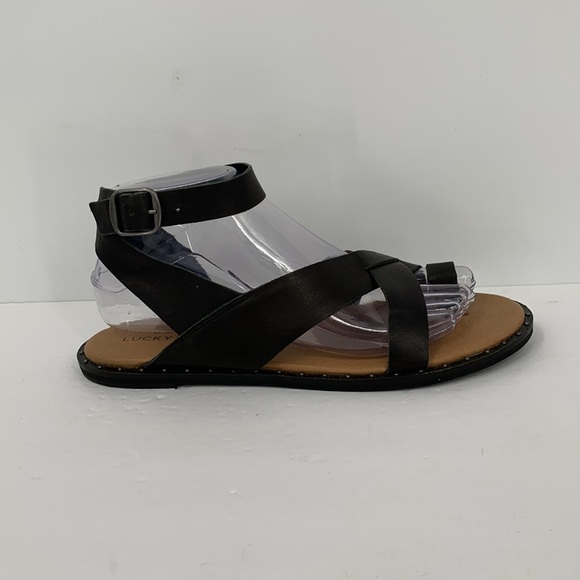 Lucky Brand Farran flat strappy sandal shoe black leather toe ring ankle 7.5 - Picture 1 of 6